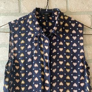 J. Crew Silk Navy Blue Heart Dot Print Button Down Sleeveless Tunic Top